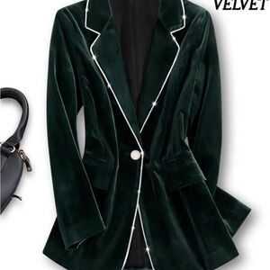 Elegant Velvet Women's Jacket - Dark Green